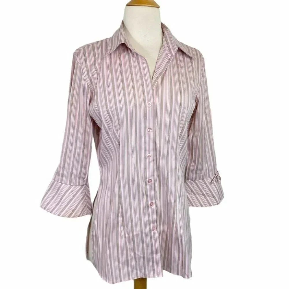 DCC MISSY S pink/tan striped stretch button down